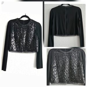 Rag & Bone Black Silk Tulle Lamb Leather Trim Long Sleeve Sequins Short Top